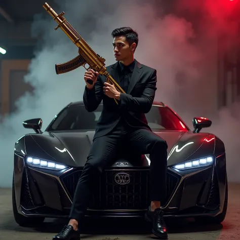 Create a realistic image where a young man in luxury black suit sitting on new model luxury car with holding a m416 golden gun in his hand, looking at attitude way, smiling, wearing old luxury glass.The name "Toshuuuuu" showing with bold matalic silver shi...