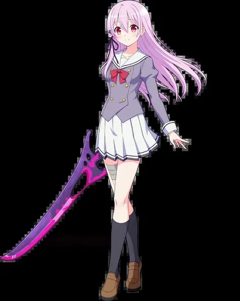 (Best quality,8K,high resolution,masterpiece:1.2),Digital Artwork, Anime girl，Delicate face，Delicate eyes，Pink Hair，Long and straight hair，Glowing purple eyes，Suspenders, holding a katana in front of the light moon, with sailor uniform and blue mini skirt 