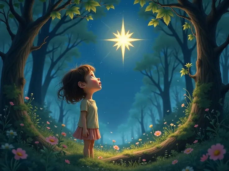 The girl looking in amazement at the star in the woods