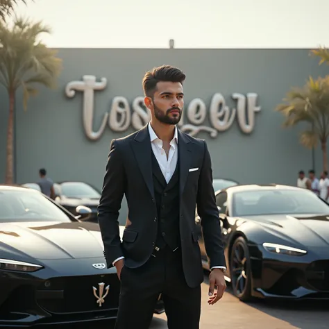 Create a realistic image where a young man in luxury suit , standing infront of luxury cars and smoking a weed. theres full cars behind him .The background is smokey type. He has nice hair and beard. The name "TOSHUUUU" showing with made up of steel.The pi...