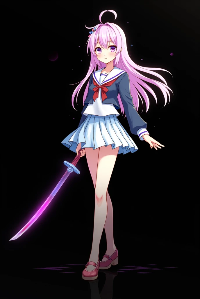 (Best quality,8K,high resolution,masterpiece:1.2),Digital Artwork, Anime girl，Delicate face，Delicate eyes，Pink Hair，Long and straight hair，Glowing purple eyes，Suspenders, holding a katana in front of the light moon, with sailor uniform and blue mini skirt 