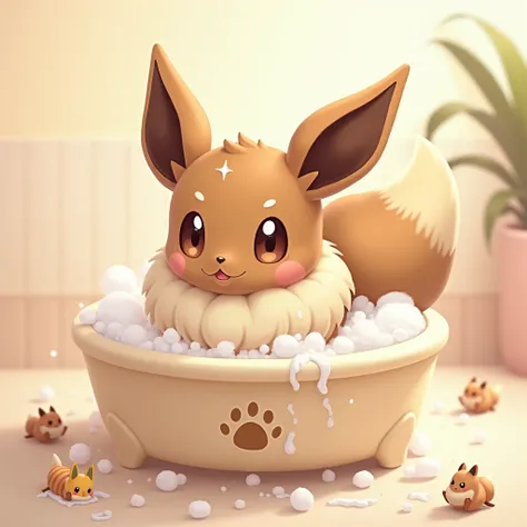 Create an adorable and peaceful image of Eevee (Evoli) taking a bath. Eevee is sitting in a small, round tub filled with soft, white bubbles, with its fluffy fur looking slightly damp and fluffy at the same time. Its big, brown eyes are sparkling with happ...