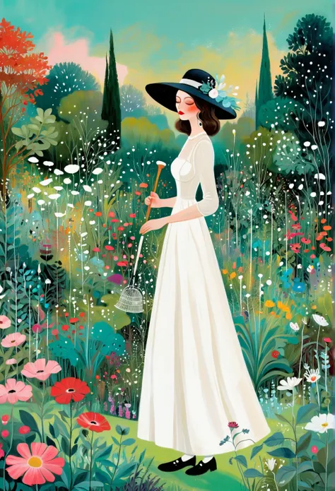 painting of a woman in a white dress and black hat standing in the garden, Surrealism Inspired by Camille Suter, tumblr, ish Art, She is the center of the garden, Jane Newland, in the garden, Drawn in a whimsical style, in the garden, dreamy painting of co...