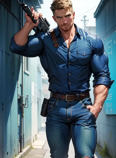 1 man, male focus solo,45 yo man,Stephen AMELL as private investigator,  lean muscle, open blue shirt, marine blue jeans with brown belt ,( big bulge), full body shot, dark blond short hair, well groomed facial hair, holding a gun with one hand, , ultra hi...