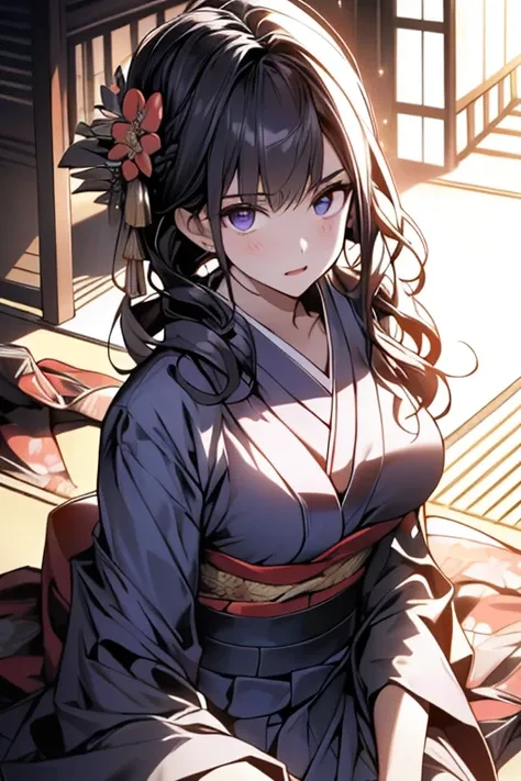 (from above:1.2,Best Quality),a girl , kimono uniform,platinum color hair,Purplish  blue eyes that dreamers desire, small stature, medium tits , Lori face, (masutepiece:1.2, Best Quality), (finely detailed beautiful eye: 1.2), (beautifull detailed face), (...