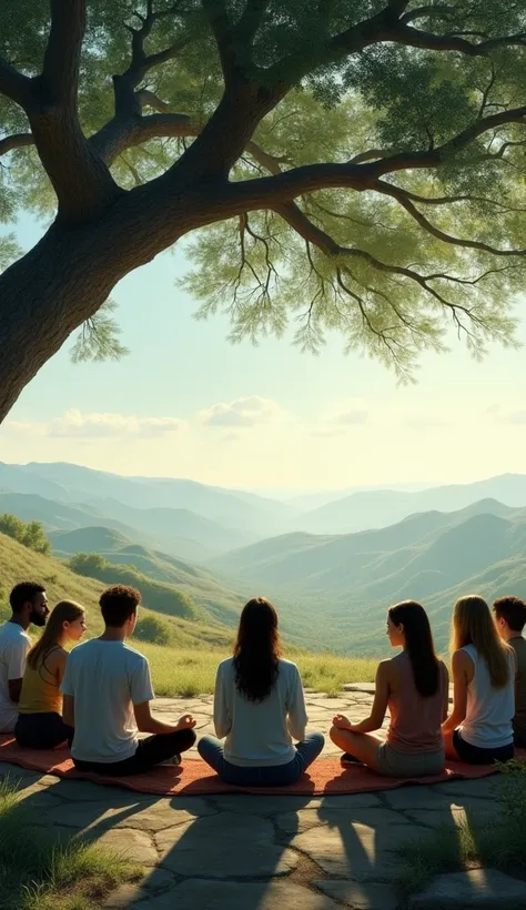 A group of people sits in contemplation under a tree, gazing toward the horizon. A strong sense of peace and reflection permeates the scene.