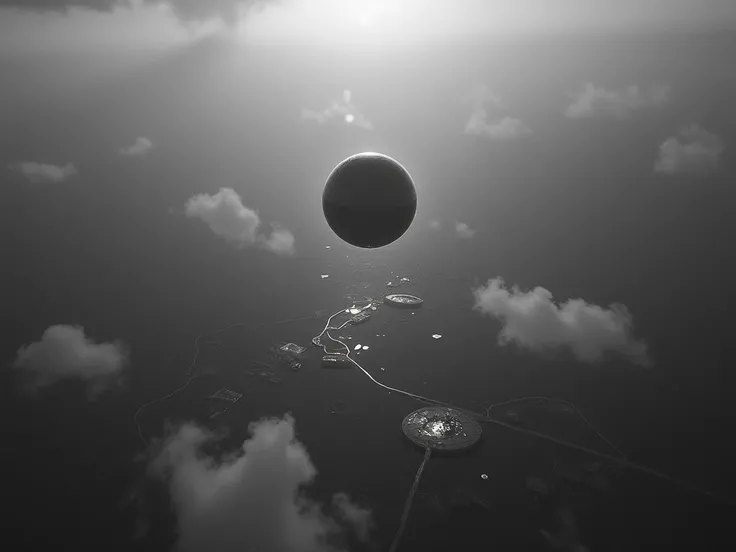  high quality ,  8k Ultra HD, extreme sharpness , extreme realism.  A military aerial reconnaissance photo , in shades of gray, infrared sensor type ,  showing an unidentified pain object in the shape of a sphere flying over a military installation.