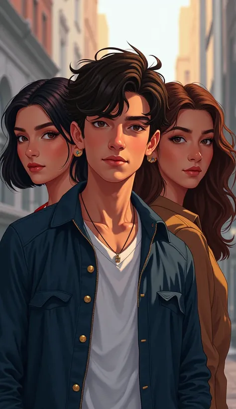 Create an image for a book cover: at the center, feature a 19-year-old young man with a confident expression and a striking posture. To his right, include a young woman in her early twenties with wavy brown hair and brown eyes, exuding serenity or determin...