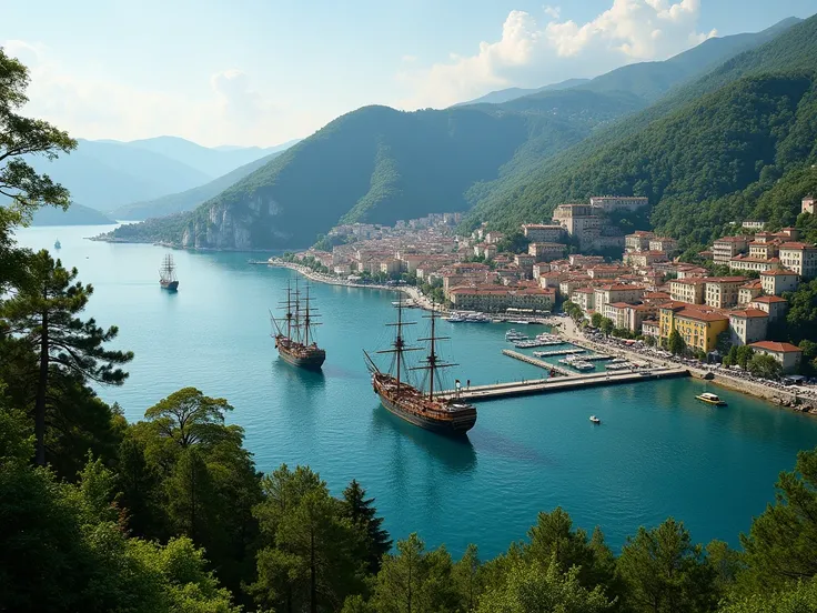  Panorama of a fabulous , a beautiful city ,  located in a sea bay in a hilly forest area .  On the seafront, there is a pier with three docked ships.