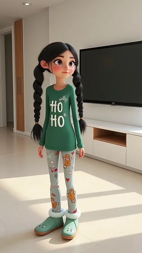 Woman 30 years, long straight black hair with two braids one at each side, wearing hunter green long sleeve tee with the words “ Ho Ho Ho in bold white print, with light grey pajama pants with gingerbread cookies Christmas prints. And furry mint green drag...