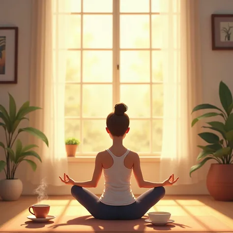  Someone practicing yoga in the morning over a cup of tea or coffee, with the sun coming through the window ,  transmitting calm and organization .