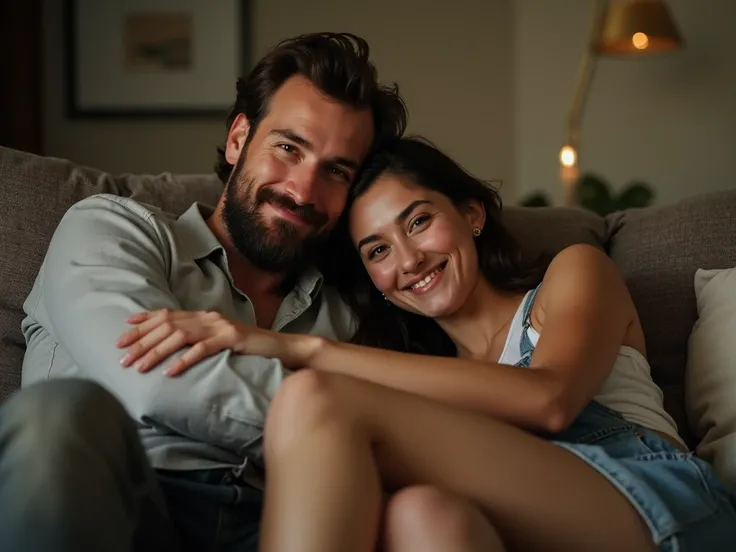 low angle pov young woman wearing shorts sitting on a couch hugging tall man with beard looking at camera