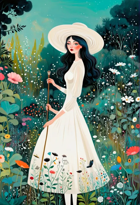 painting of a woman in a white dress and black hat standing in the garden, Surrealism Inspired by Camille Suter, tumblr, ish Art, She is the center of the garden, Jane Newland, in the garden, Drawn in a whimsical style, in the garden, dreamy painting of co...