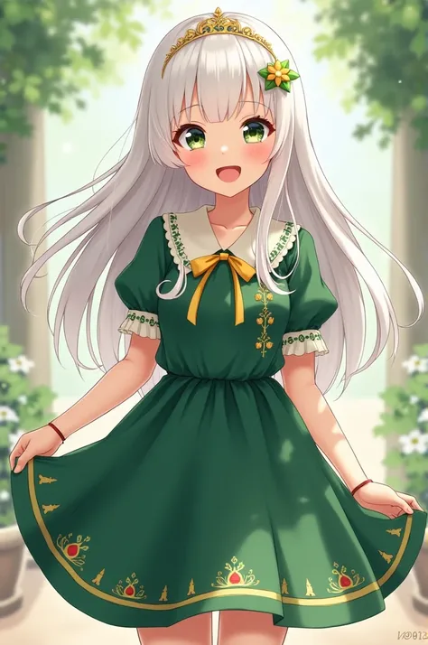 White-haired girl in a dark green dress the princess dress Pero short and happy 