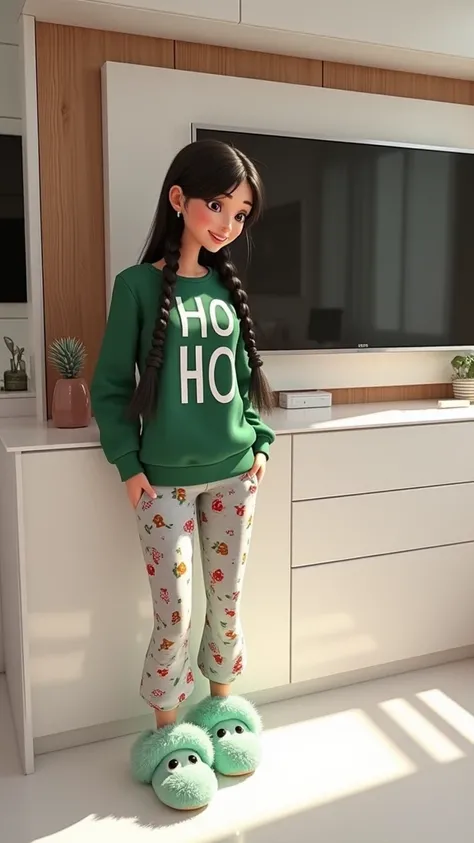 Woman 30 years, long straight black hair with two braids one at each side, wearing hunter green long sleeve tee with the words “ Ho Ho Ho in bold white print, with light grey pajama pants with gingerbread cookies Christmas prints. And furry mint green drag...