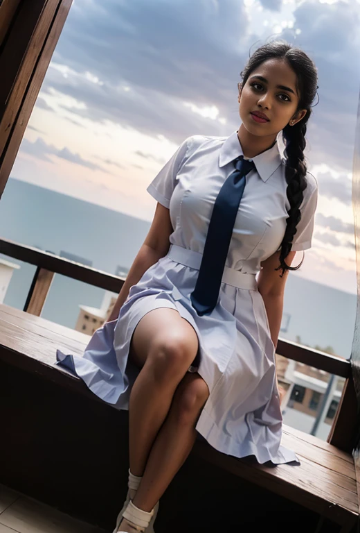 Raw photo , 1 girl  , showing naked boobs, Wearing white frock and color tie, white shoes ,sri lanka teen school girl, with plait , professional photographer, (hdr:1.4), masterpiece, ultra-realistic 8k, perfect artwork, intrincate details, cute face, award...