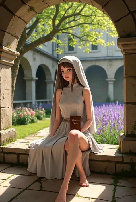 Anime French monastery cloister of the 16th century, summer afternoon, (anime girl) beautiful young nun of 19 years old sitting on a stone bench under an arch of limestone columns. Her face is a poem of delicacy: oval, wide and smooth forehead, high and ro...