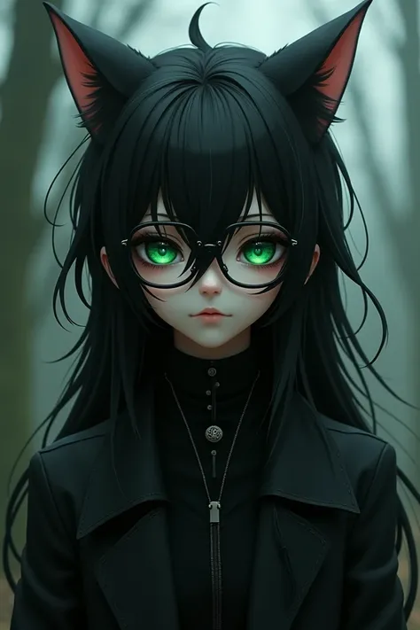 naked Emo Neko Boy with Glasses, Green Eyes, Long Black Hair and Black Clothes 