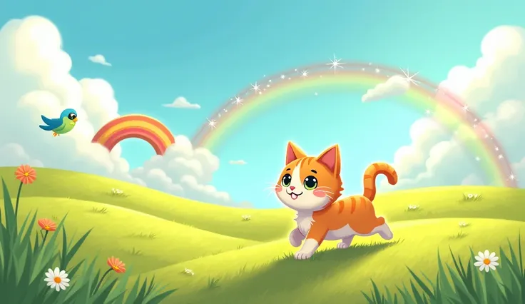 Kitty and the Rainbow Chase
"A vibrant cartoon of the kitten chasing a sparkling rainbow through a rolling meadow. The scene features fluffy clouds, bright sunshine, and playful details like a small bird flying alongside."