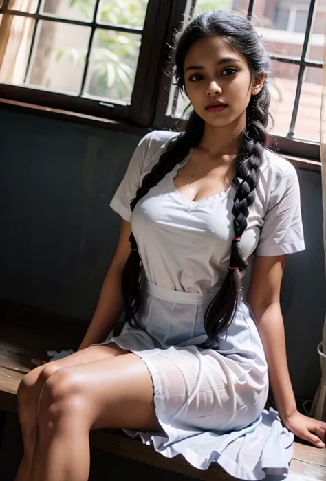 Raw photo , 1 girl  ,open hair, showing naked boobs, Wearing white frock and color tie, white shoes ,sri lanka teen school girl, with plait , professional photographer, (hdr:1.4), masterpiece, ultra-realistic 8k, perfect artwork, intrincate details, cute f...