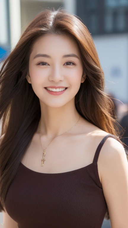 ( top quality, 8k, masterpiece: 1.3),  A beautiful woman with a perfect figure : 1.4,  dark brown hair , Wearing a pendant, wearing a dress , In the city,  High Definition Face and Skin ,  detail eyes , double eyelid, (Big Breasts), (smile),( facing the fr...