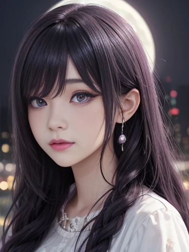 background（Black night sky，Big Moon），Close-up of a woman，Wearing a white shirt、Purple Hair，Very long hair，Very thick braids，Purple Eyes，Large target ， Realistic girl rendering, 8k Artistic German Bokeh, Enchanting girl, Real girl, Gurwitz, Gurwitz-style ar...