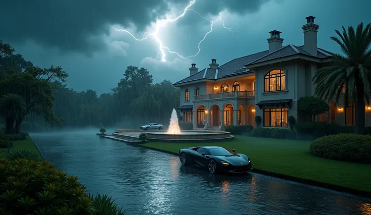 "A 4K cinematic Netflix-style scene of a violent storm with torrential rain hitting a luxurious property. Dark, swirling clouds fill the sky as fierce winds whip through manicured lawns and high-end estates. Expensive cars are partially submerged in floodw...