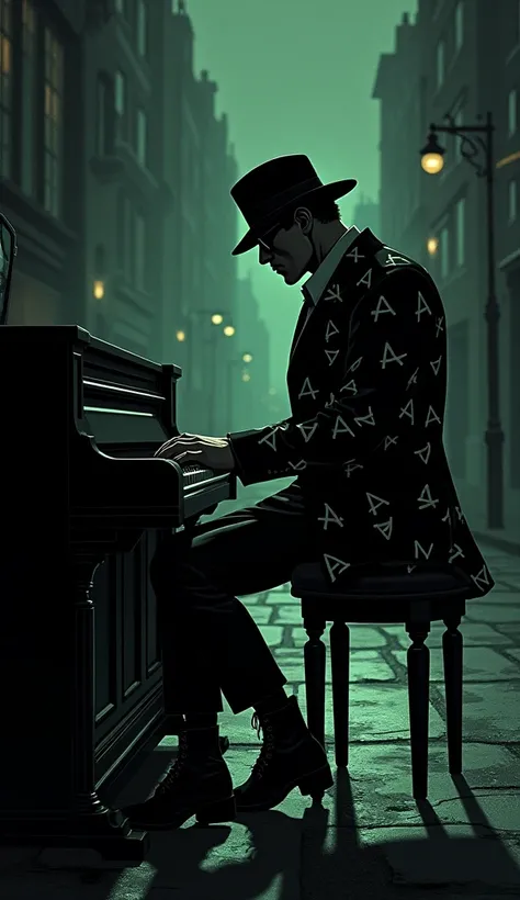 The image features a crime novel style illustration of the silhouette of a handsome gangster, face hidden, wearing an anonymous mask, sunglasses, a suit with many "A" letters for anarchy and a black tie, rocker boots, sitting playing the piano on a desolat...