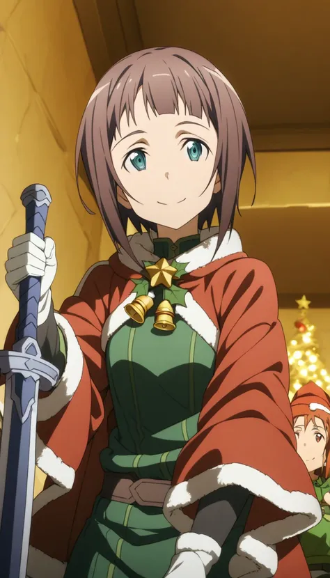 Sacchi , sword art online,  short hair, smile,  greeting the front,  Christmas costume , happy. 