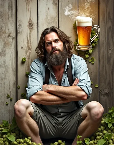 The image shows a man with long hair and a beard dressed in a blue T-shirt. He sits with his arms crossed in front of a beer. It depicts elements related to beer, such as hops and beer spray. The background is a wooden texture.
