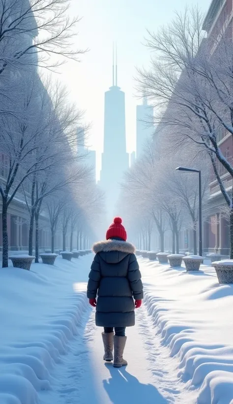  An ultra-high definition animated picture ，The picture shows a city covered in snow and ice ，On both sides of the ， I can vaguely see a man walking down the ice and snow path， he wears a black down jacket ，Wearing a red ice hat ， road in the distance of t...