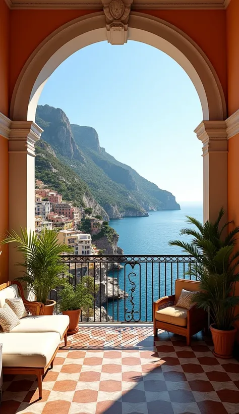  32K uhd, very sharp, high quality, ultra-realistic .front view. a balcony with a splendid view of the Positano coast , very detailed.  professional photo