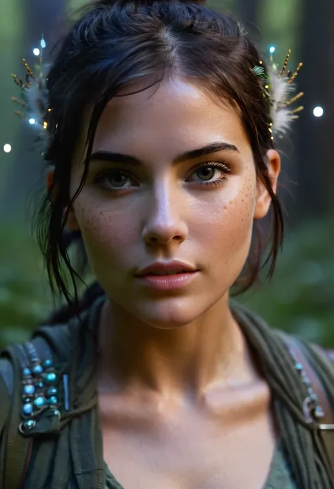 ((((Samantha Fuller face close-up.)))) A young woman warrior named stands in a mystical forest at twilight, surrounded by a swarm of fireflies  as they dance through the misty air. The atmosphere is alive with magic and wonder, as if the very forest itself...