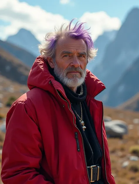 ((mountains, flowers, rocks, refraction effect, sun)), (masterpiece, top quality), (1 very handsome  old boy), (solo), ((portrait)), perfect face, ((heterochromia, blonde and purple hair, ((long red parka)), unnecessary gothic belt everywhere, mole under t...