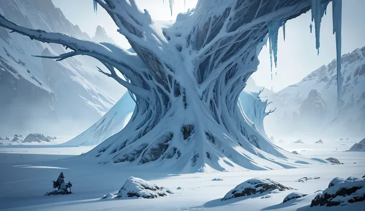 
A high-resolution (8k) realistic-style image of the Icehorn Tree in Lower Finaahorn. The tree resembles two towering ice stalagmites, over 700 meters tall, each with two enormous horns that extend beyond the clouds. The branches are short, sharp, and cove...