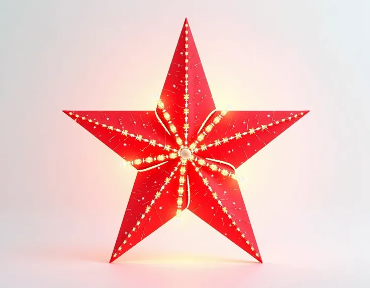 BRIGHT RED CHRISTMAS STAR WITH LIGHTS AND WHITE BACKGROUND