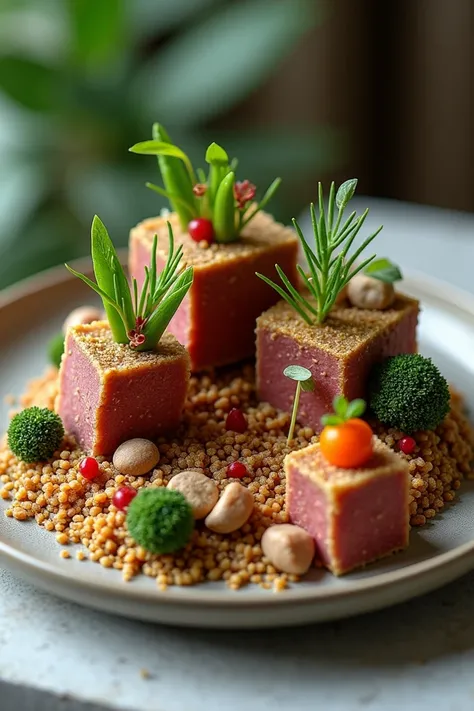 ((best quality)), ((masterpiece)), (detailed), a miniature landscape garden that’s 3D, with a focus on savory ingredients, beef, and colorful elements. The structure will be a miniature model, giving the vibe of a small, architectural garden with layers an...