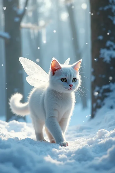 A fairy cat walks through a snowy forest