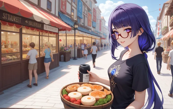 1girl, Raiden (Genshin Impact), In the heart of a bustling market street, the woman stands against a vivid array of street vendors and food stalls, her confident yet approachable pose radiating warmth and experience. The late morning sun bathes the scene i...