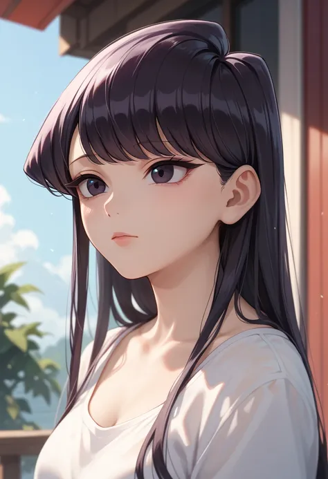 komi shouko, 1girl, absurdres, bangs, black eyes, black hair, day, highres, komi-san wa komyushou desu, long hair, looking up, outdoors, portrait, solo, upper body

