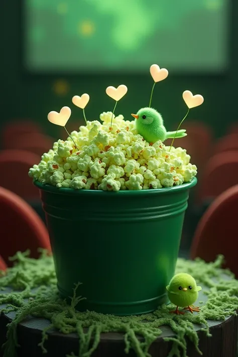 A bucket of green popcorn in a movie theater with several white hearts and green bird 