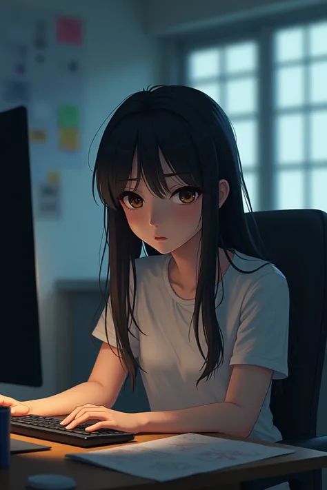 One day, a girl with long black hair and dark brown eyes was sitting behind the desk and was tired, using the computer.