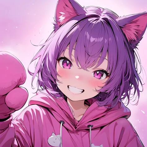 (masterpiece, best quality:1.2), 1 girl, unique, cat ears, playful smile, cat pupils, fists, simple background, cat gloves