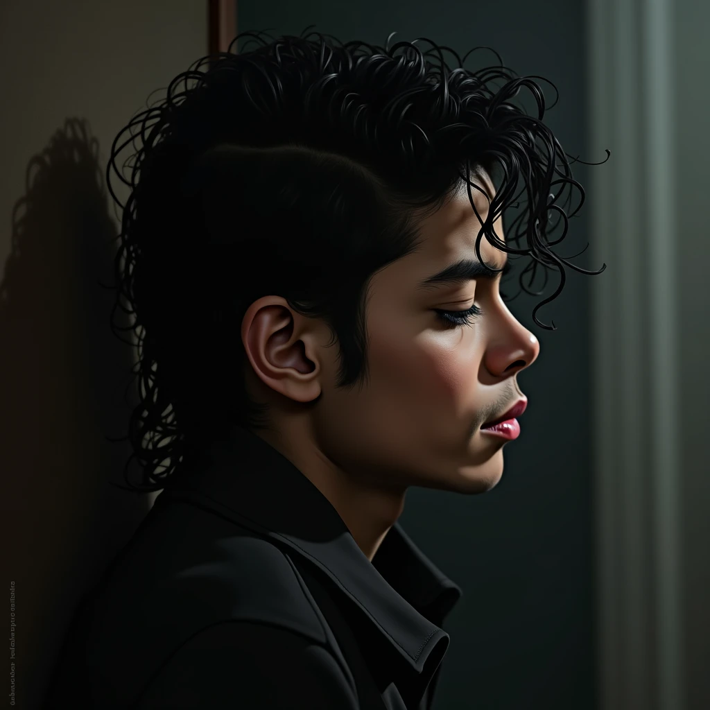 image of michael jackson with sad face, side view, scene in a closed room