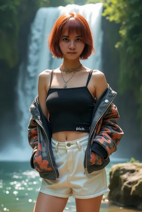 create an photo realystic cambodia women wearing trendy b;acl top , trendy white short skirt , have print "PICH" on Jacket, and short  hair redbrown， photo full body ,snacke ,standing fron of waterfall，full body portrait