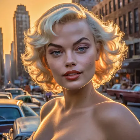 a woman who looks like a hybrid of Tyra Banks 70 Marilyn Monroe 40 Margot Robbie 20 as Powergirl, 18 years old, perfect face, perfect body, a hybrid of on the beach at sundown and on the streets of New York City at sundown, art style hybrid of mural on wal...