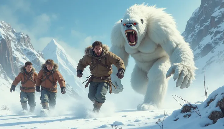 A man is chased by a yeti and three other boys watch in amazement