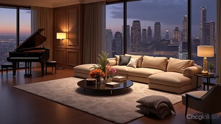 Create an image of a luxurious and modern living room at twilight with a grand view of the city skyline through floor-to-ceiling windows. The room should feature warm ambient lighting, a large comfortable sectional sofa, and a sleek grand piano in the corn...