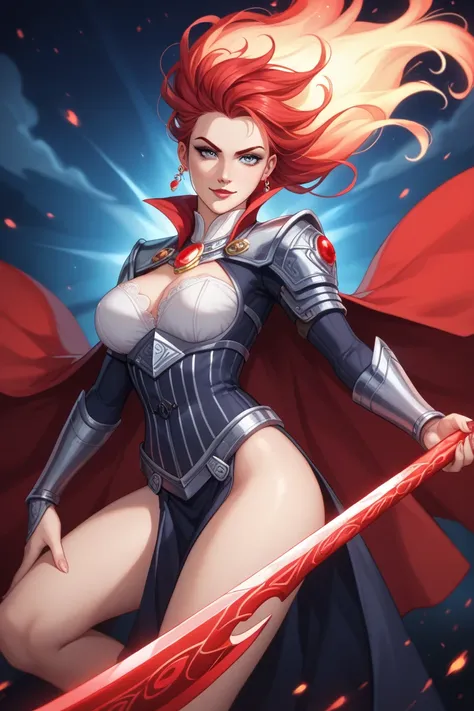 A fierce, adult woman with fiery red hair, styled in an untamed, windswept manner, exudes an aura of power and mystery. She wears a blood-red assassination suit, a form-fitting outfit with dark, intricate patterns etched into the fabric, resembling ancient...