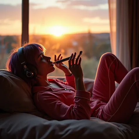 A (((girl with short, colored scene hair))), laying back on a cozy couch, ((smoking a blunt)) and wearing (headphones), fully immersed in her music. She is in front of a large window with a serene landscape visible through it, illuminated by the soft glow ...